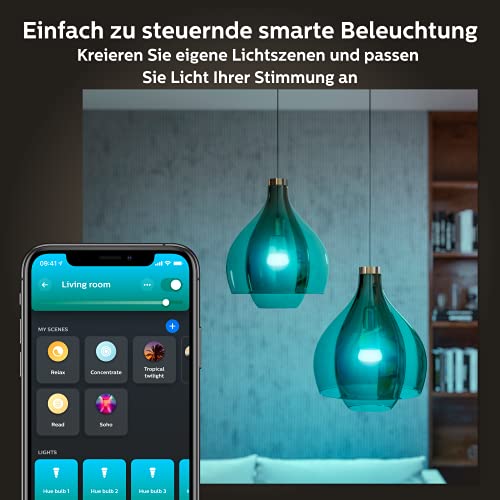 Philips Hue Wit & Col. Amb. E27 LED-lamp starterset van 2 incl. lamphouder slimme knop, 16 miljoen kleuren, dimbaar, bestuurbaar via app, compatibel met Amazon Alexa (Echo, Echo Dot) - EDV-Guru (Guru e.U.)
