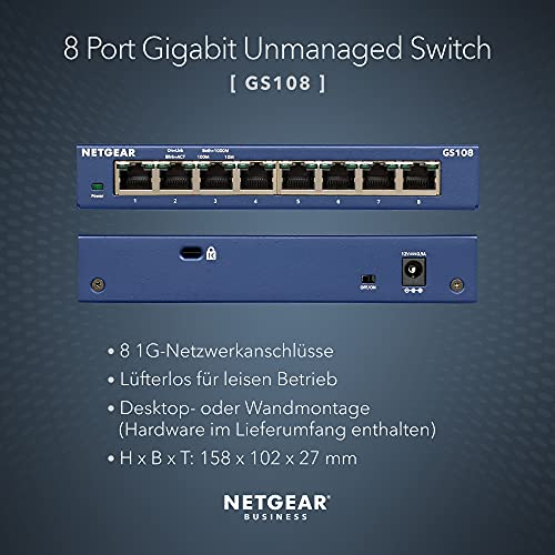 NETGEAR GS108GE LAN 交换机 8 端口网络交换机（即插即用千兆位交换机 LAN 分配器、LAN 分配器、以太网集线器、无风扇金属外壳、ProSAFE 终身保修） - EDV-Guru (Guru e.U.)