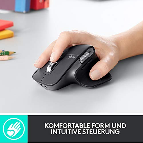 Logitech MX Master 3 kablosuz fare, USB alıcısı aracılığıyla Bluetooth ve 2,4 GHz bağlantı, 4000 DPI sensör, ultra hızlı kaydırma, tüm yüzeyler için, 7 düğme, PC/Mac/iPadOS - açık gri - EDV-Guru (Guru e.U.)