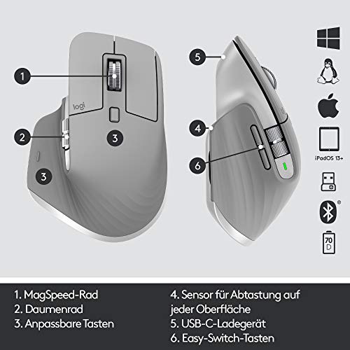Logitech MX Master 3 kablosuz fare, USB alıcısı aracılığıyla Bluetooth ve 2,4 GHz bağlantı, 4000 DPI sensör, ultra hızlı kaydırma, tüm yüzeyler için, 7 düğme, PC/Mac/iPadOS - açık gri - EDV-Guru (Guru e.U.)