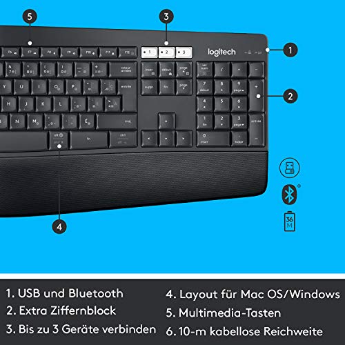 Logitech MK850 Performance Kabelloses Tastatur-Maus-Set, Bluetooth & 2.4 GHz Verbindung via USB-Empfänger, Multi-Device, 24 bis 36-Monate Akkuleistung, Handballenauflage, Deutsches QWERTZ-Layout - EDV-Guru (Guru e.U.)