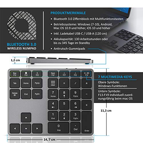 CSL - Bluetooth Numpad - Wireless number pad with multifunctional keys - Keypad aluminum - 35 keys - Bluetooth 3.0 - Wireless - compatible with Apple PC Notebook Tablet Laptop - Windows Android iOS - EDV-Guru (Guru e.U.)
