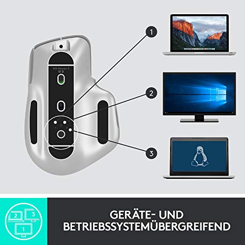 Logitech MX Master 3 kablosuz fare, USB alıcısı aracılığıyla Bluetooth ve 2,4 GHz bağlantı, 4000 DPI sensör, ultra hızlı kaydırma, tüm yüzeyler için, 7 düğme, PC/Mac/iPadOS - açık gri - EDV-Guru (Guru e.U.)